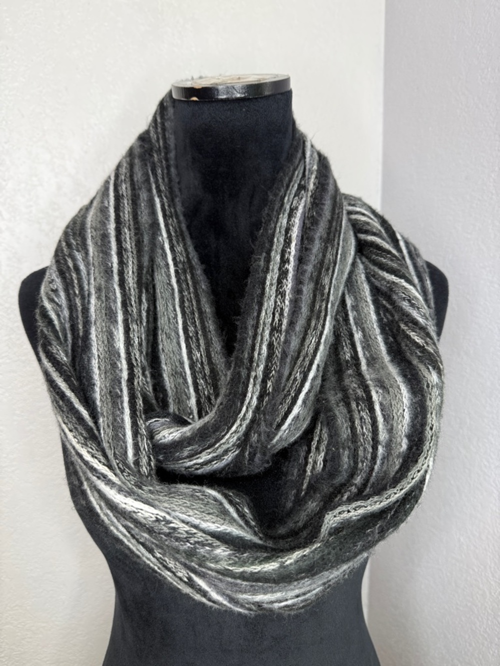 Black Gray Striped Infinity Scarf Soft Fuzzy Knit Minimalist Cozy Winter